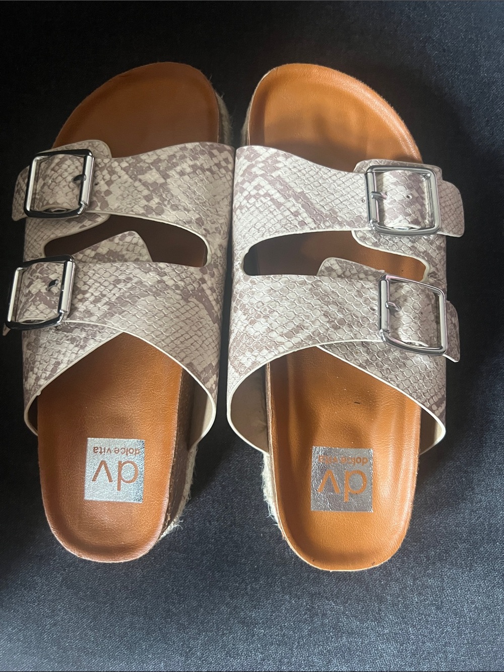 Dolce Vita Beige Snake-Print Double Buckle Slide Sandals
